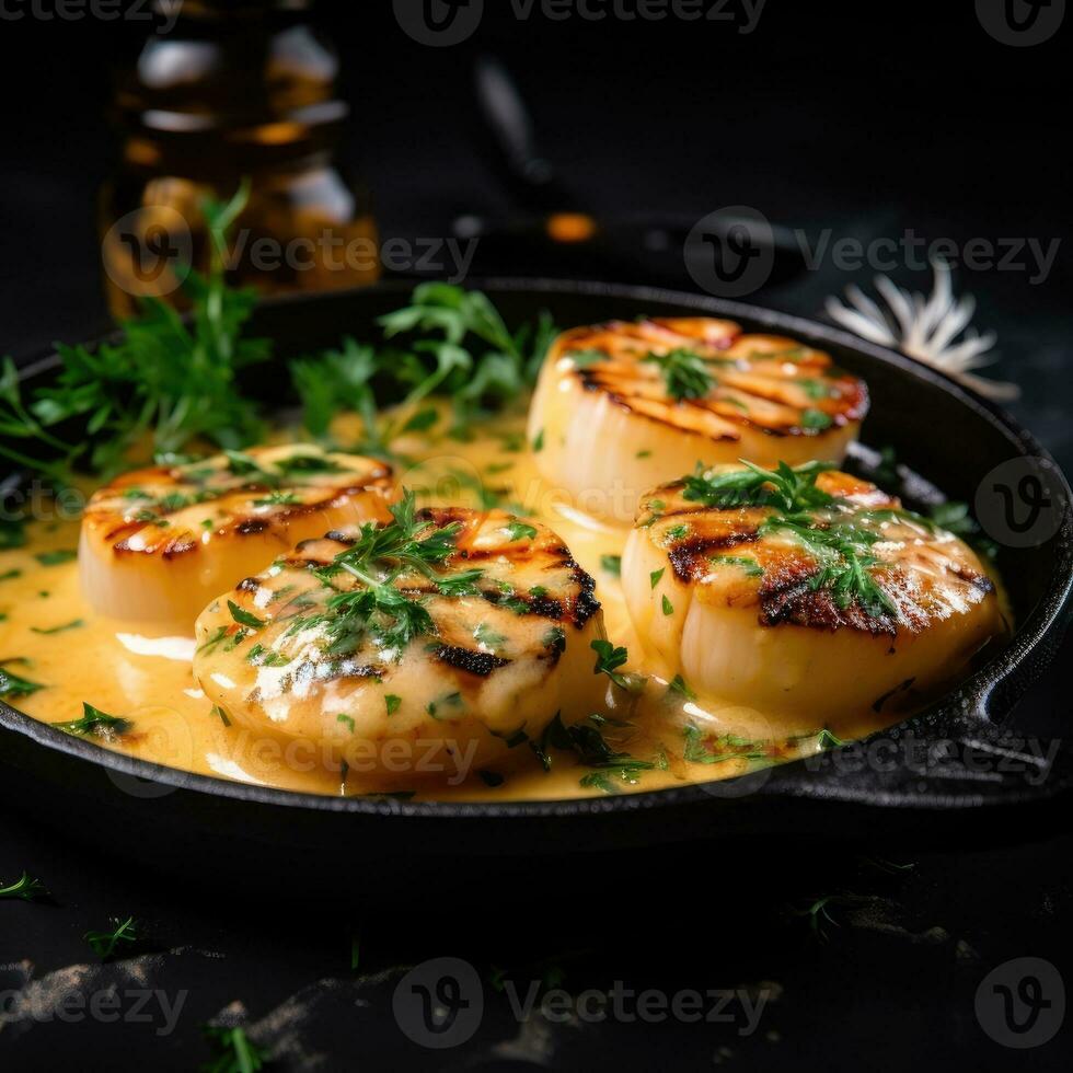 Grilled scallops with creamy lemon spicy sauce and herbs on black