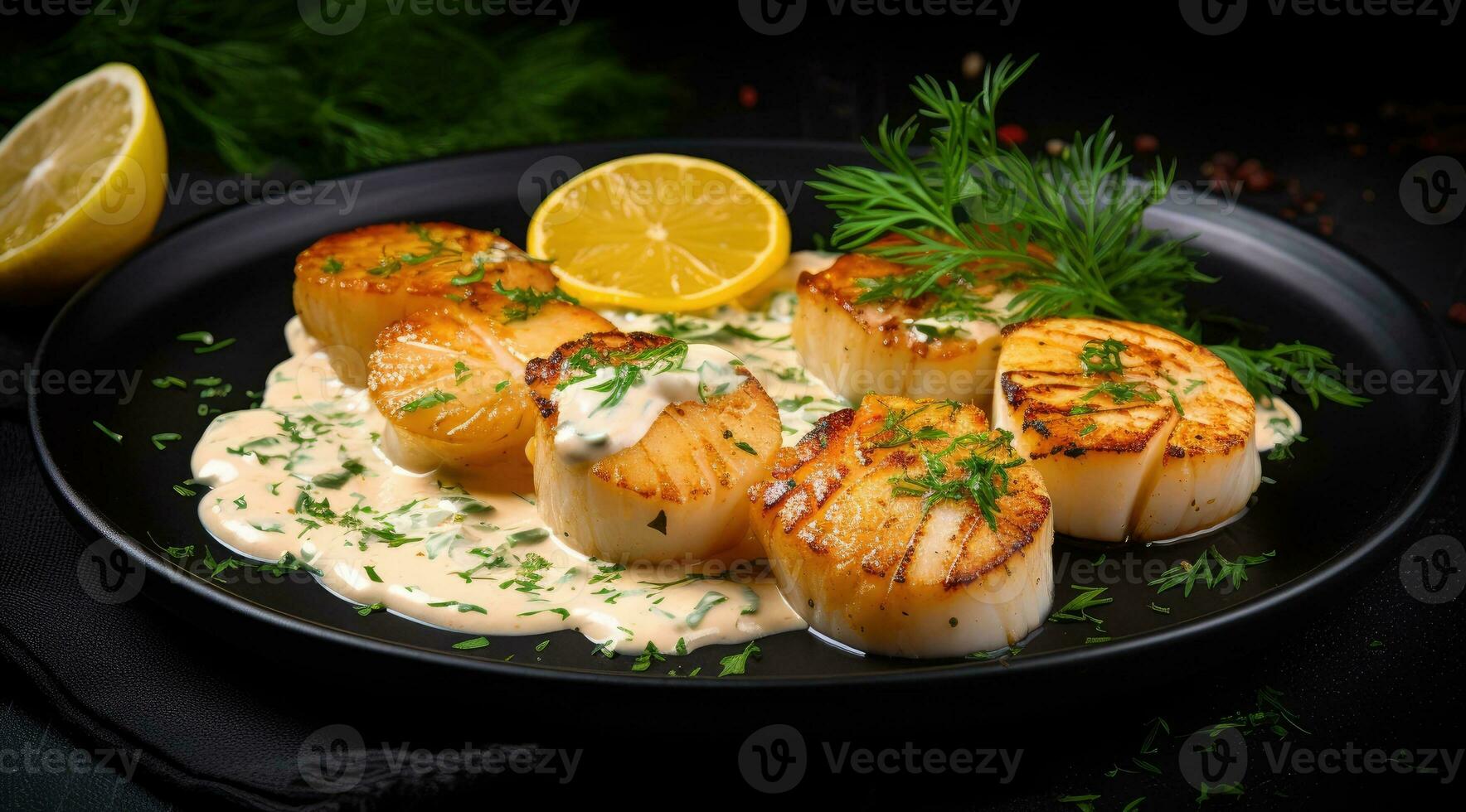 Grilled scallops with creamy lemon spicy sauce and herbs on black