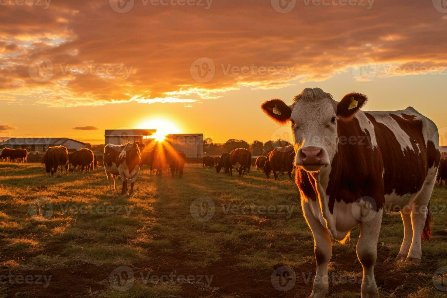 Cows grazing at sunset on a farm. photo
