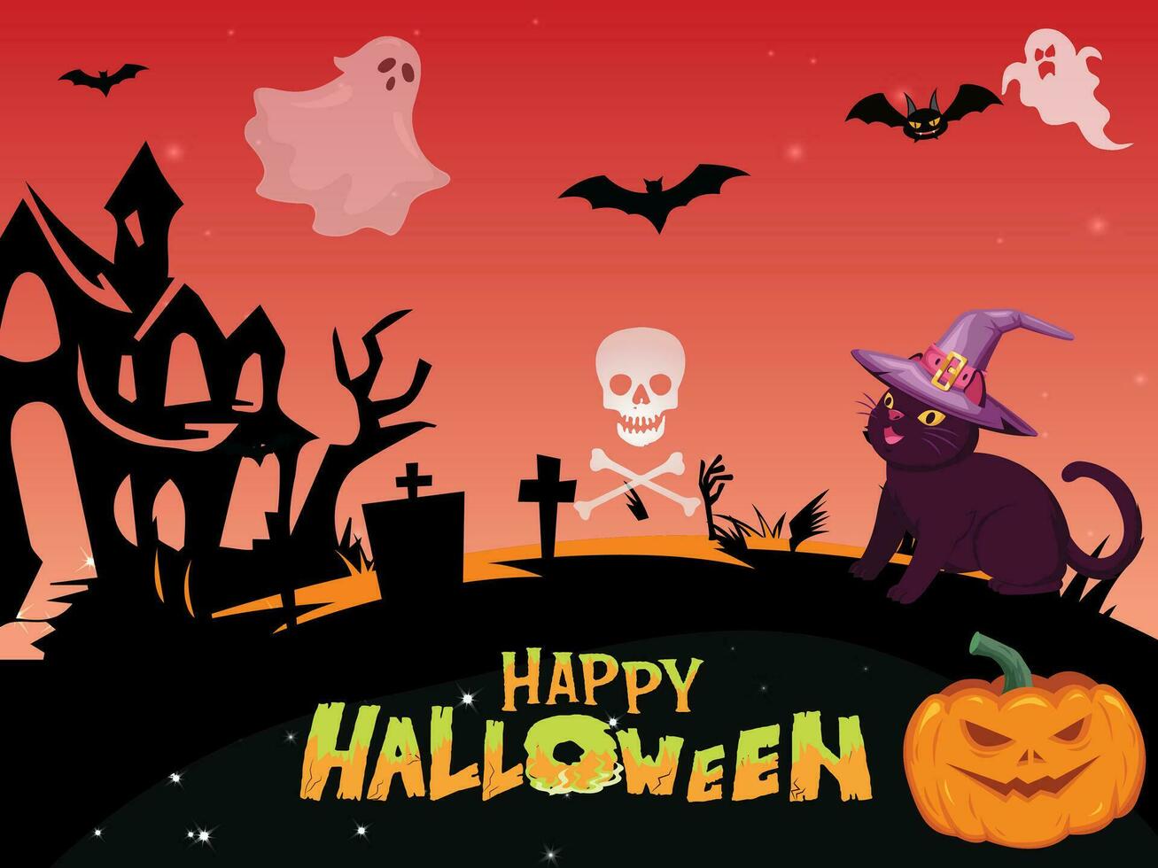 Halloween day festval icons for banners, cards, flyers, social media wallpapers, etc. Halloween illustration. Horizontal banner with pumpkins on night background. Autumn landscape. vector