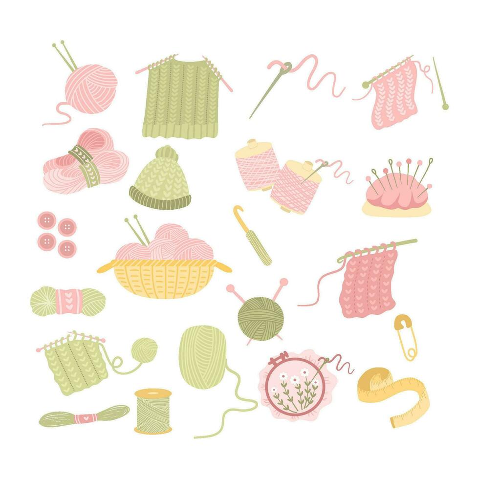 Cute Green and Pink Crochet and Knitting Tools vector