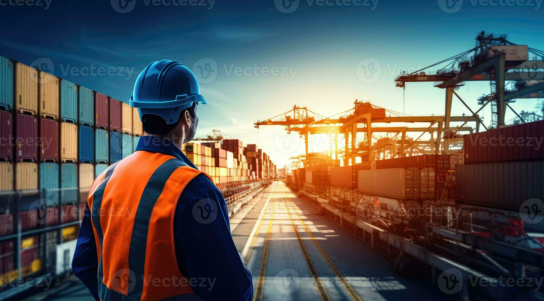 Logistics engineer control at the port, loading containers for trucks export and importing logistic. photo