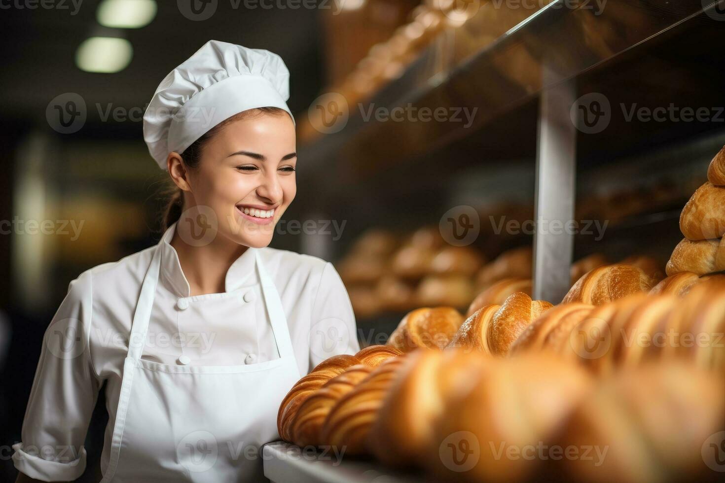 Close-up of a female baker holding a baker tray of sweet bread photo