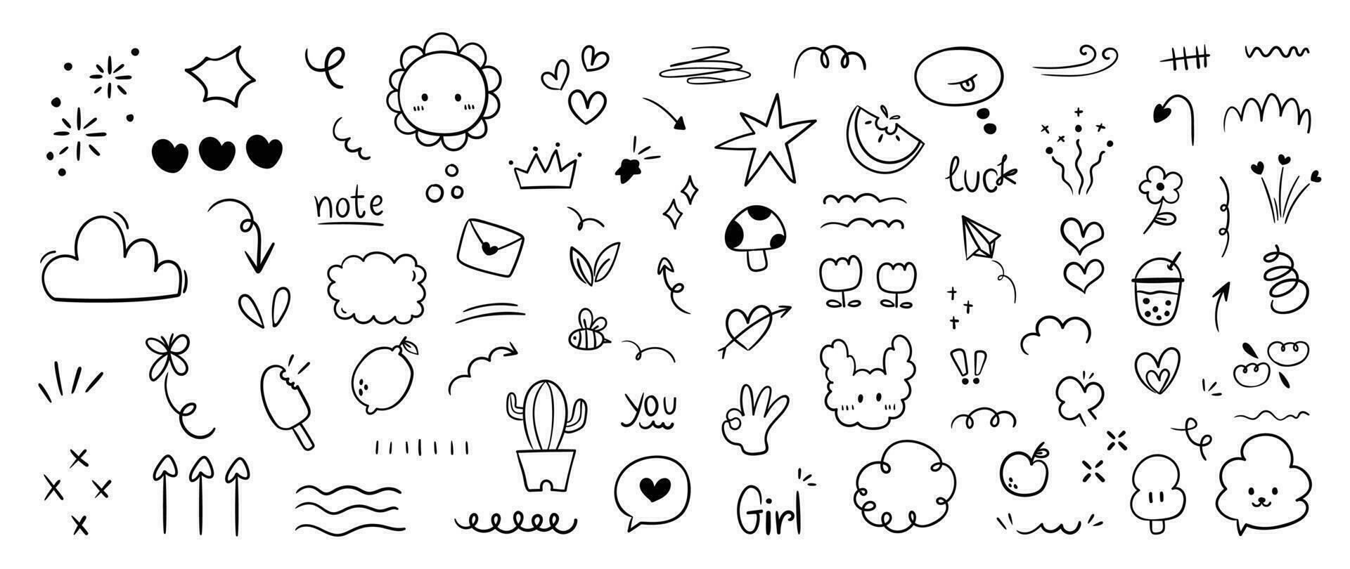 Set of cute pen line doodle element vector. Hand drawn doodle style collection of speech bubble, arrow, firework, heart, crown, flower, fart. Design for decoration, sticker, idol poster, social media. vector