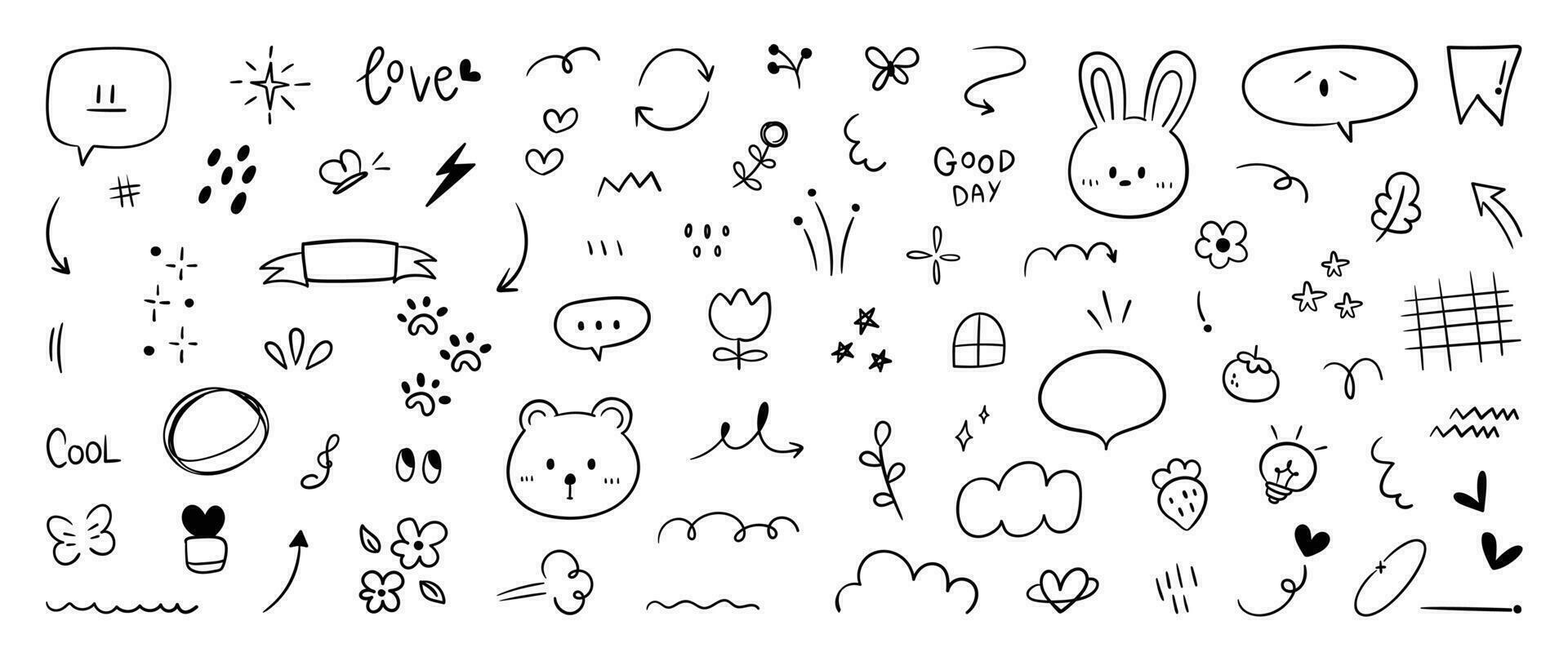 Set of cute pen line doodle element vector. Hand drawn doodle style collection of speech bubble, arrow, thunderbolt, star, rabbit, bear. Design for decoration, sticker, idol poster, social media. vector