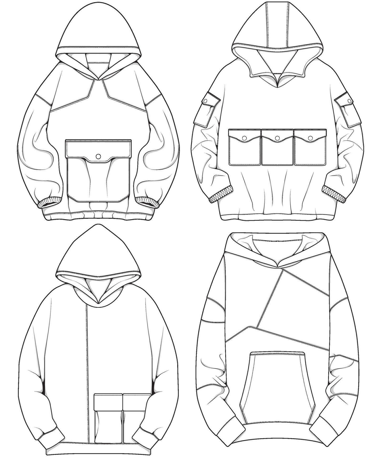 Oversized hoodie technical fashion illustration with relaxed fit long