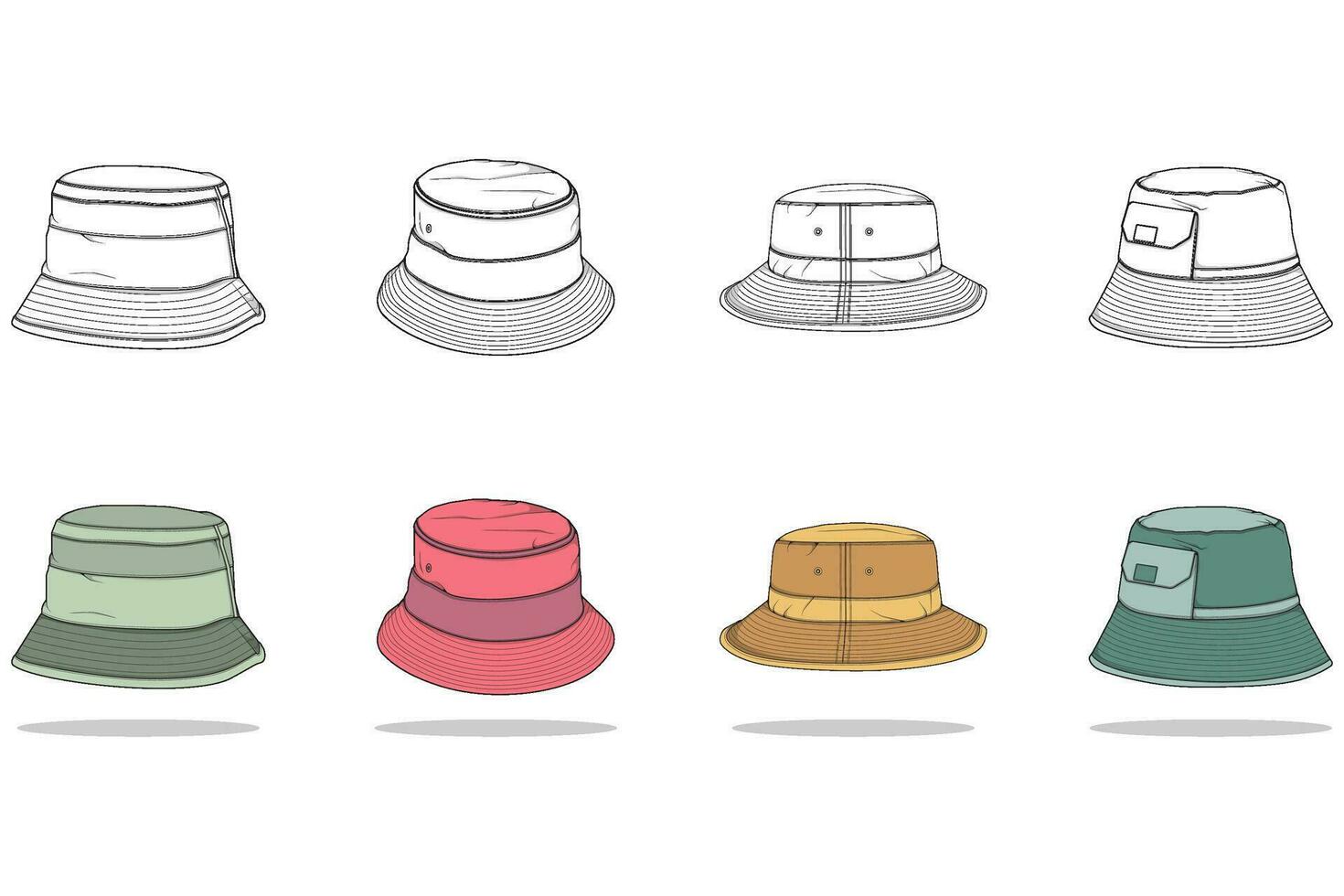 set of color full bucket hat drawing vector, color full bucket hat in a sketch style,  template color full for training, vector Illustration.