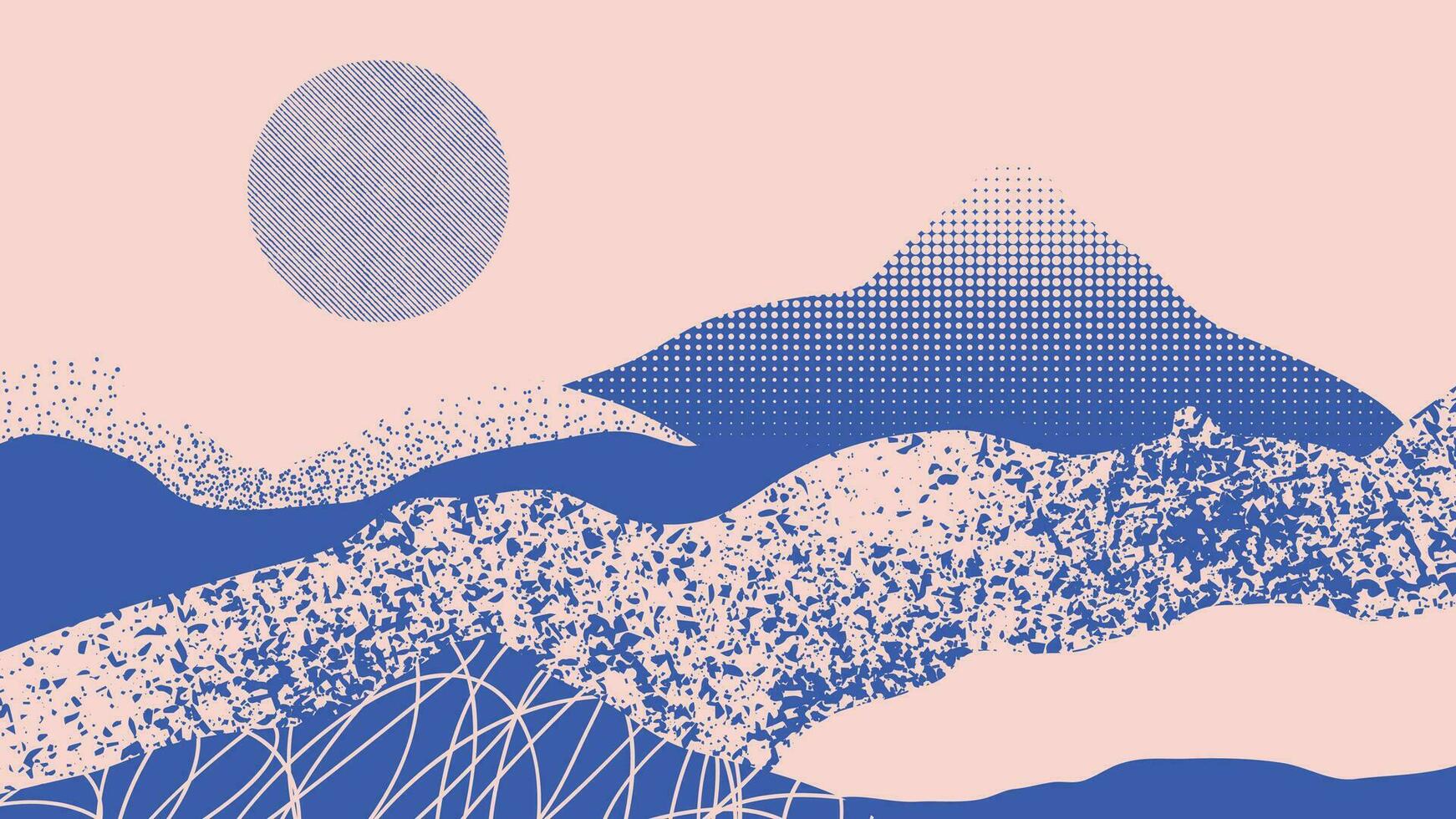 Abstract mountain background vector. Mountain landscape with fading dot effect, moon, halftone, dot grunge texture. Blue hills art wallpaper design for print, wall art, cover and interior. vector