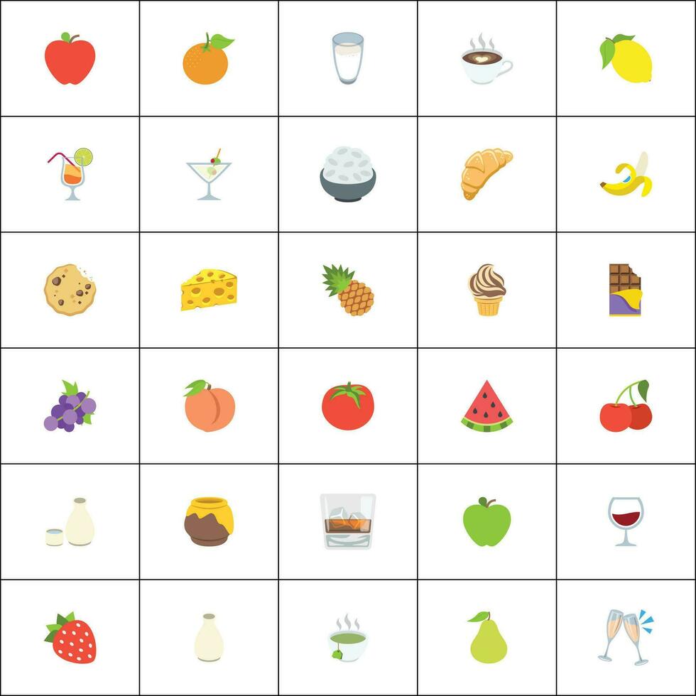 Fruits vector icons set. Fruits are apple, lemon, banana, orange, pear, pineapple, grapes, cherries, strawberries, glass, and blueberries emojis collections