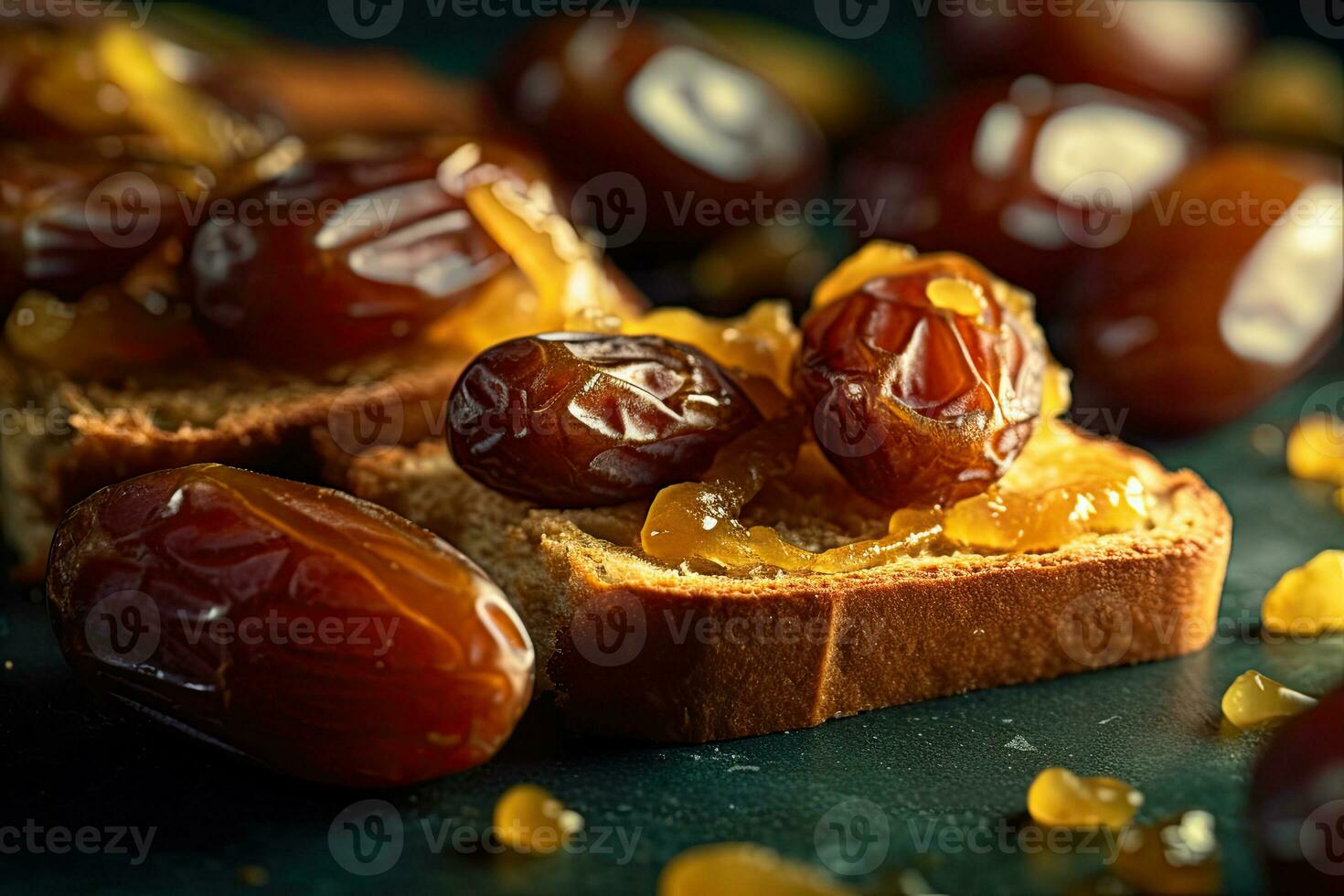 Saudi Arab Dates toast, macro shot of a fresh breakfast with Dripping