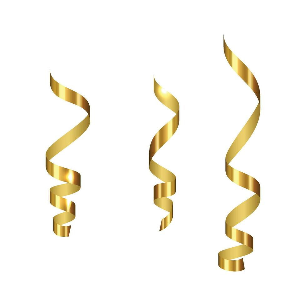 Vector golden curled ribbons serpentine realistic set with isolated