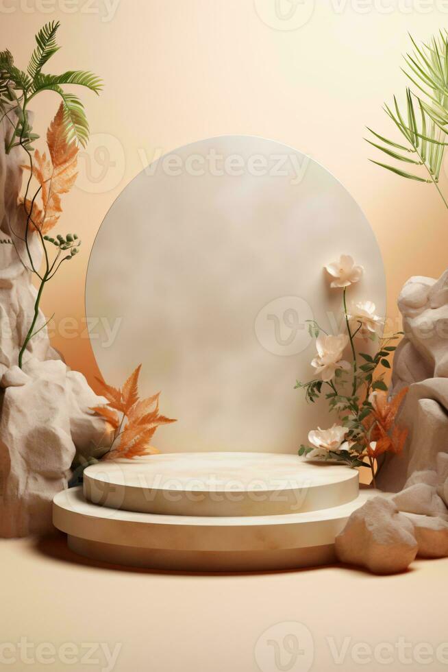 3D rendering of a round podium with colorful flowers. The podium is