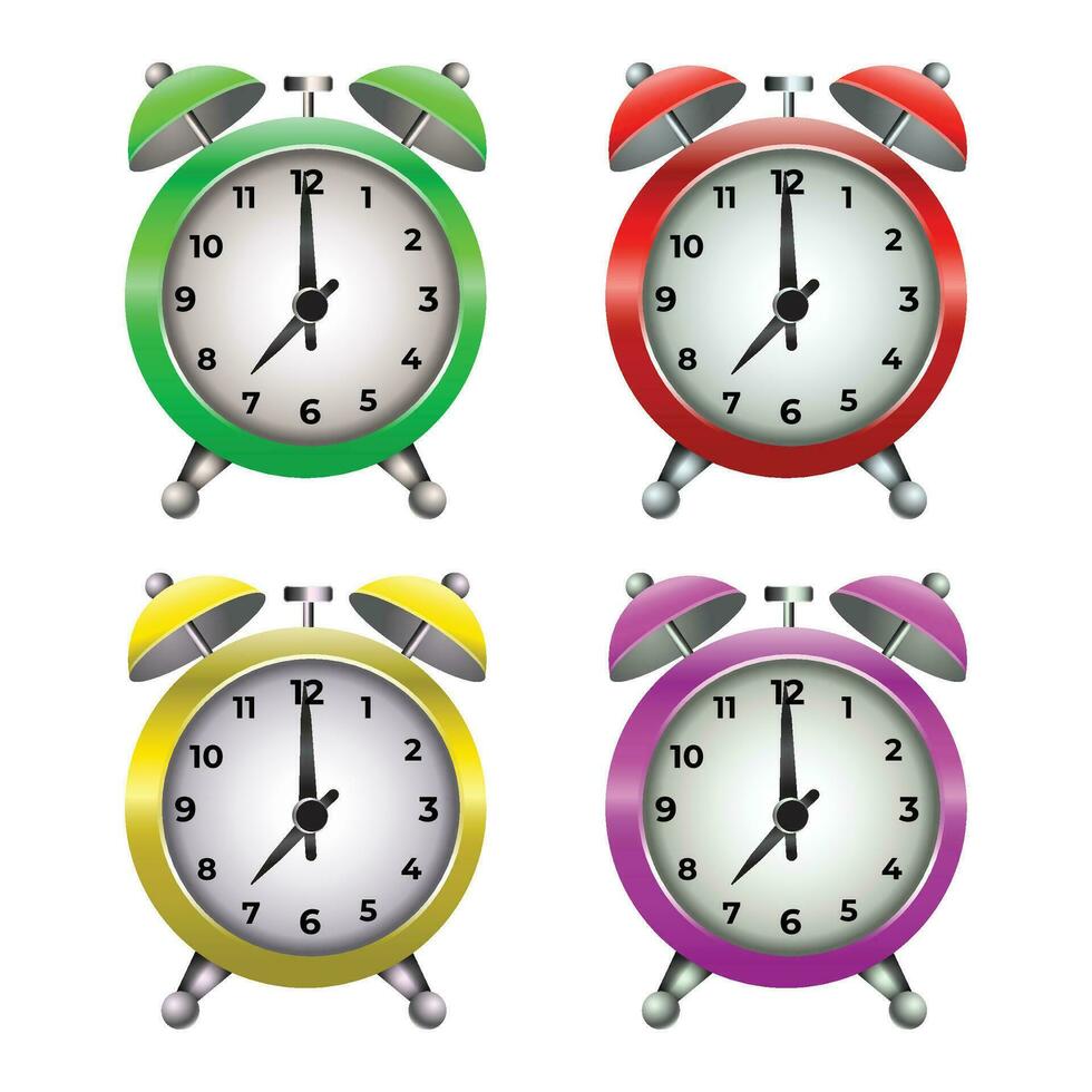 Vector colorful alarm clock with two bells in retro style on white background realistic vector illustration