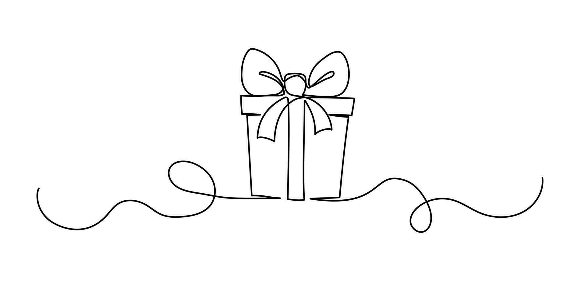 Gift Box Birthday or Christmas Continuous One Line Vector Outline Art Sketch. Celebration Events Present Bow Ribbon Box Minimal Doodle Abstract Simple Illustration. Holiday Package Simple and Elegant