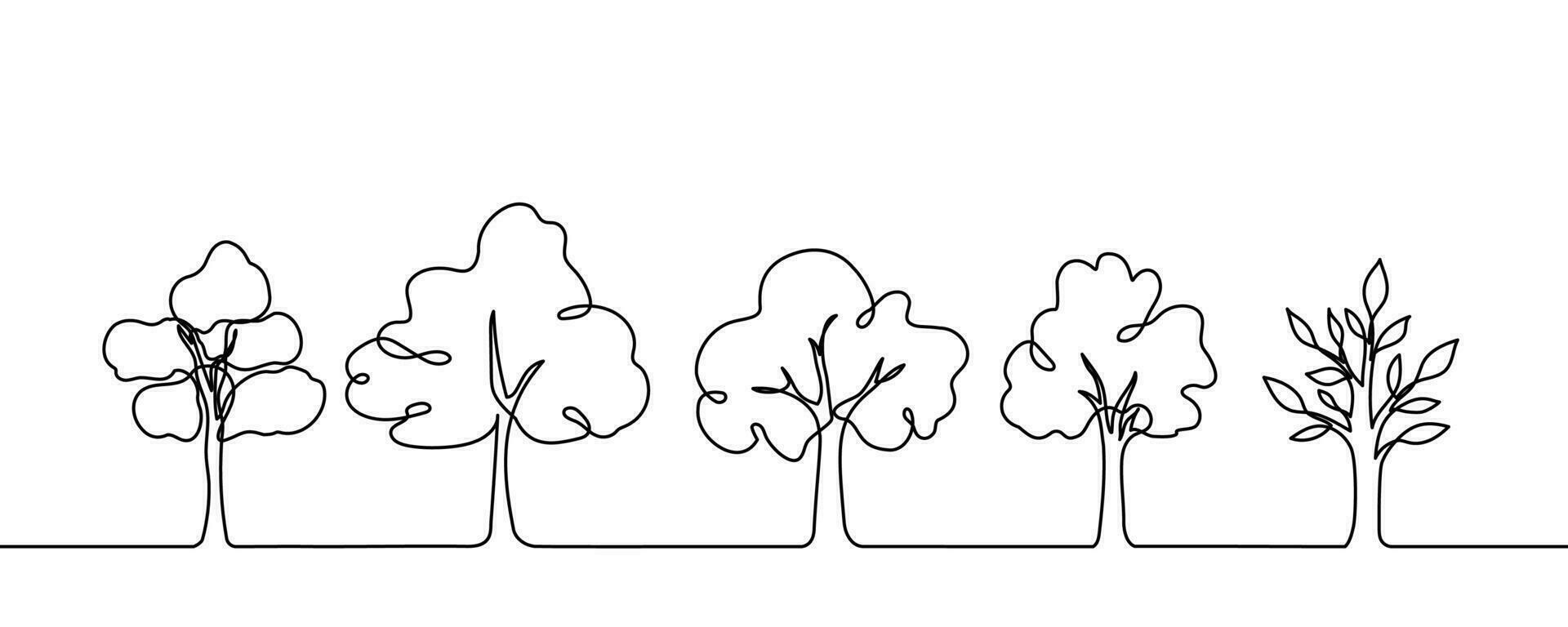 Tree plant doodle outline vector forest environment. Continuous one line tree plant for eco, nature, garden logo design. Ecology green concept, background. Vector illustration
