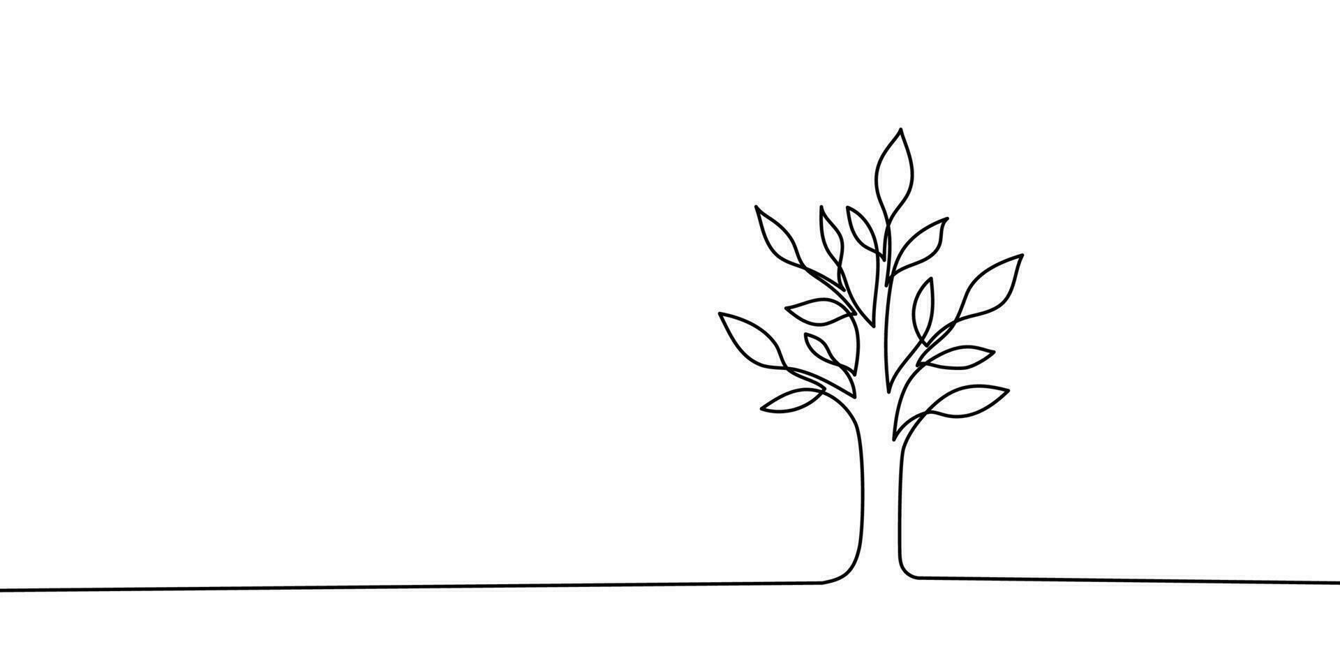 Tree plant doodle outline vector forest environment. Continuous one line tree plant for eco, nature, garden logo design. Ecology green concept, background. Vector illustration