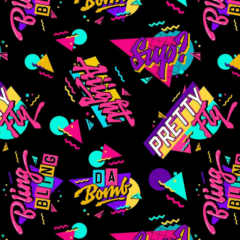 Bright trendy 90s style pattern with retro slang lettering designs. Vivid calligraphy style typography elements on dark background. Vector illustration for fashion, print, web purposes.