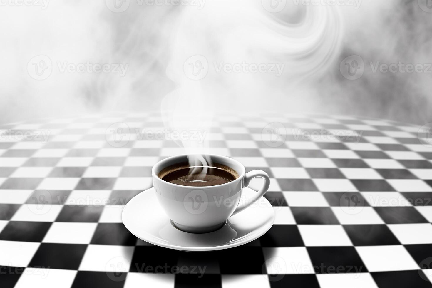Aerial View of Steaming Coffee Cup on Geometrically Patterned Surface with Ample Copy Space photo