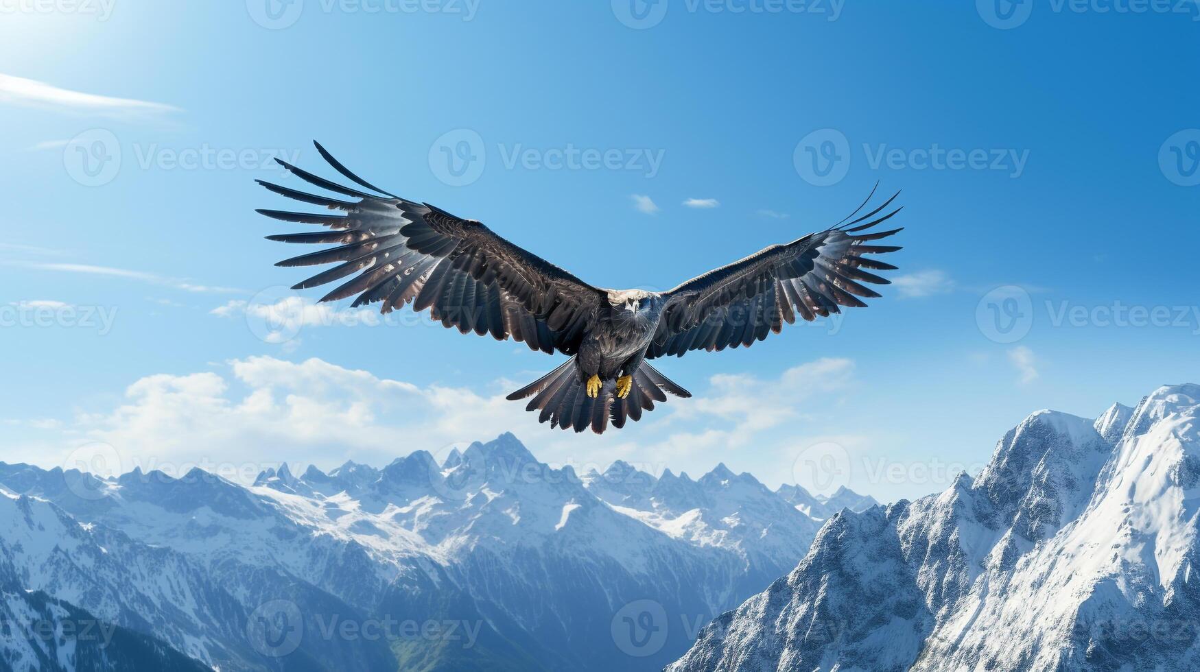 Majestic eagle soaring above a pristine, snow-capped mountain range under a blue sky photo