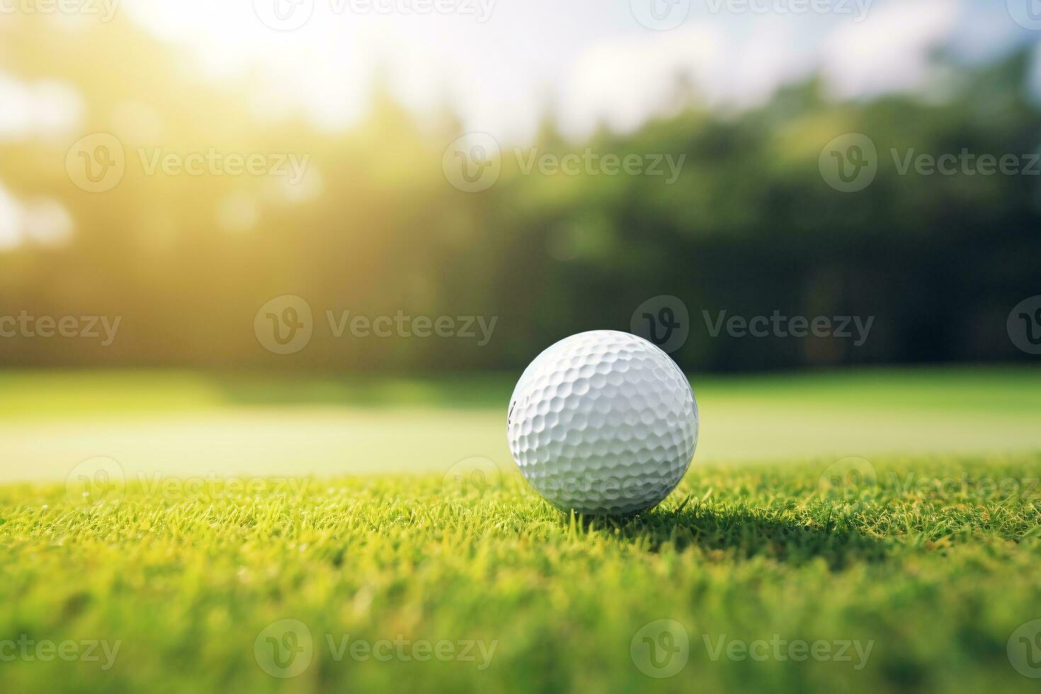 esencia de golf en un soñador día con un pelota en el primer plano en contra un iluminado por el sol horizonte ai generativo foto