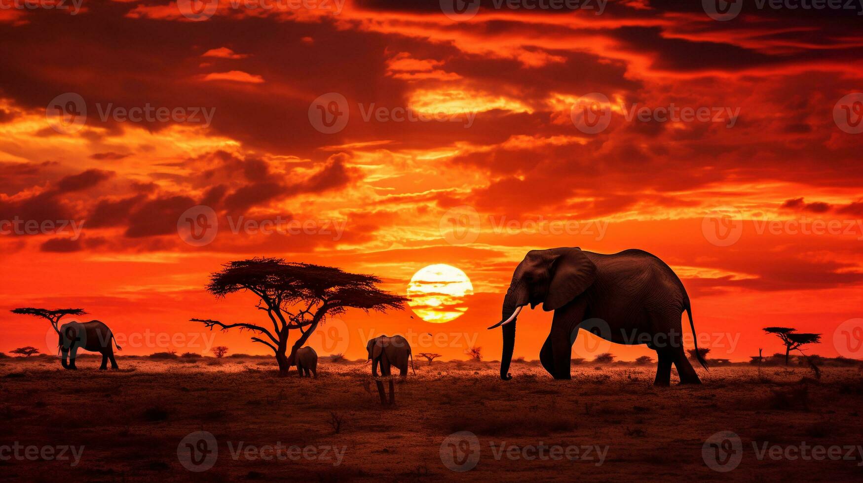 Stunning African safari scene at sunset with elephants, giraffes, and zebras under a fiery sky AI Generative photo