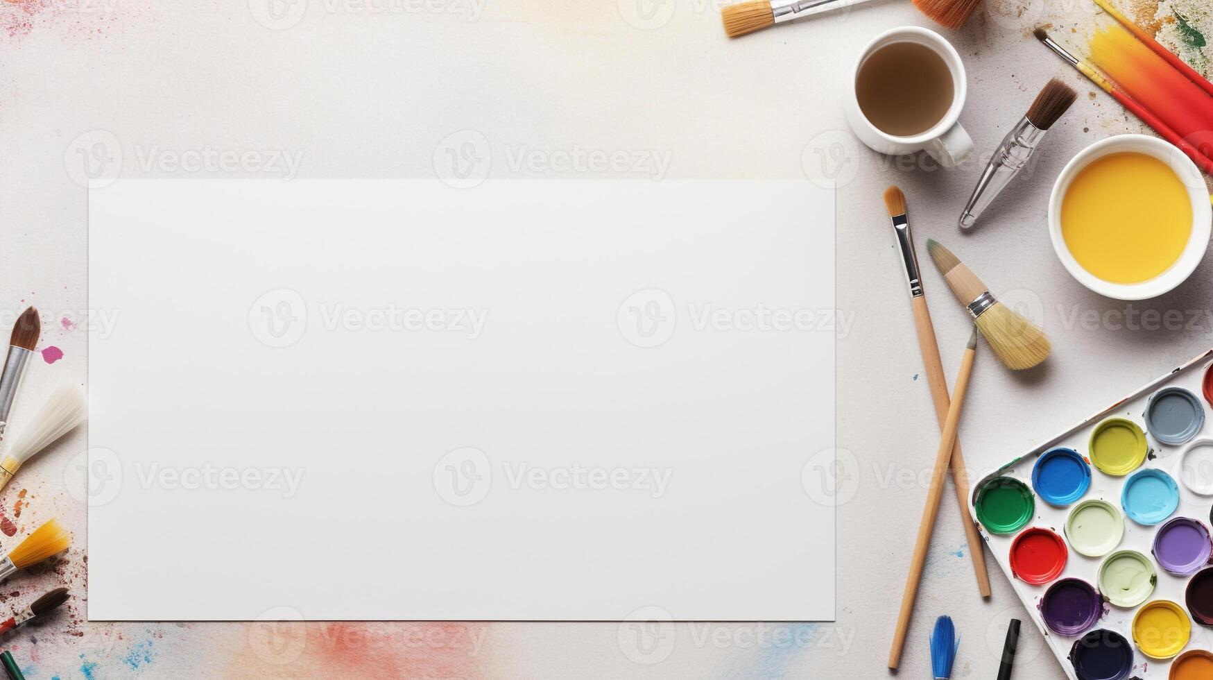 Artist's workspace with blank canvas and art supplies photo