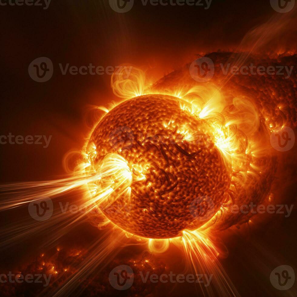 Hyper-realistic image of the sun's surface showcasing the raw power of erupting solar flares AI Generative photo
