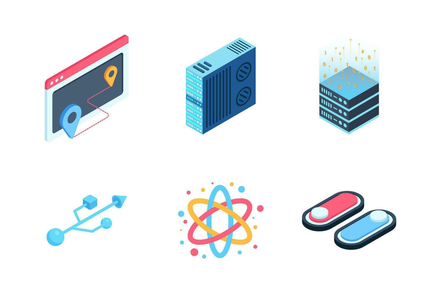 Digital infrastructure element isometric icons set. vector