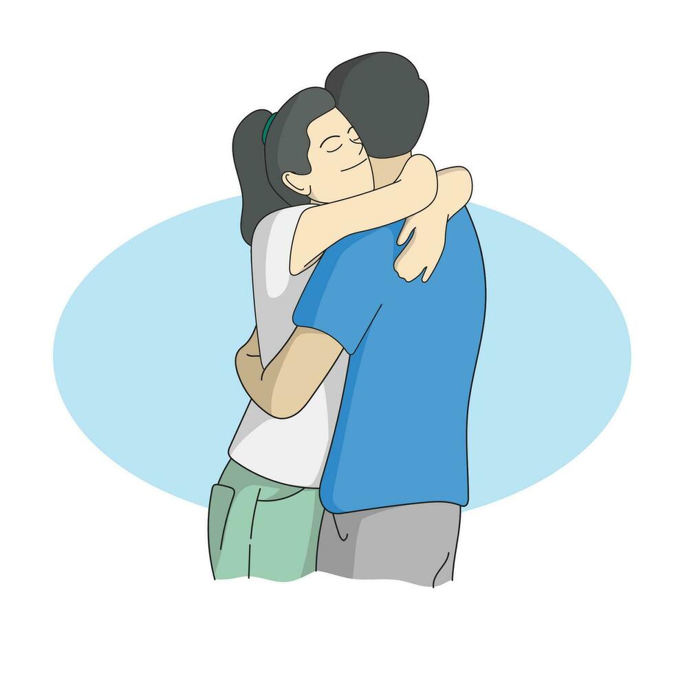 young couple embracing on blue copy space illustration vector hand drawn isolated on white background