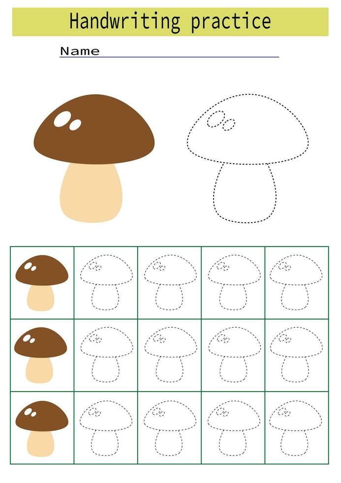 Tracing lines for children development, dotted line trace mushroom, handwriting practice for children, vector