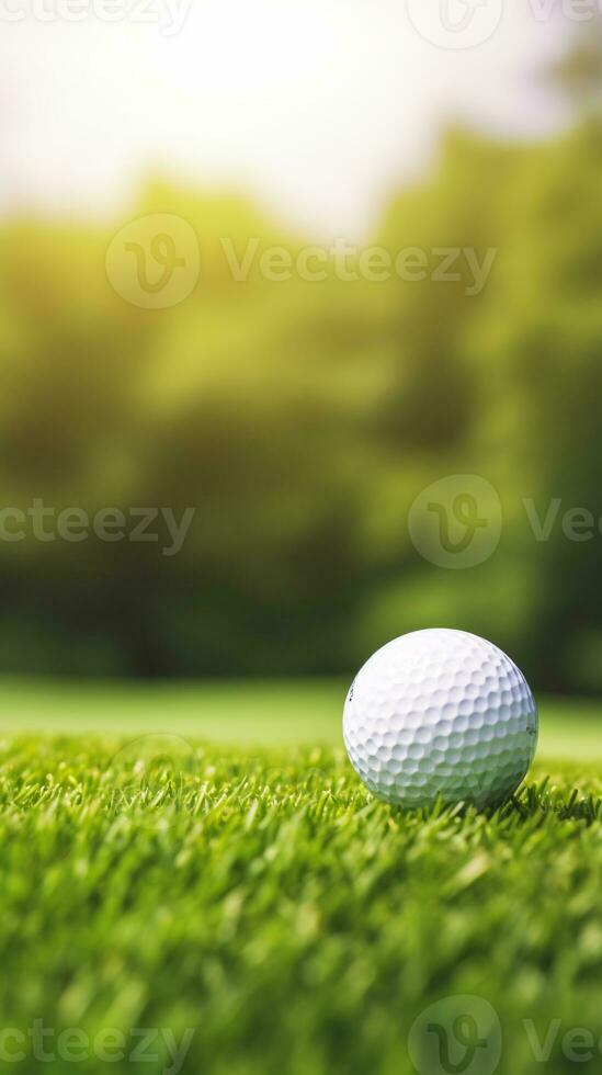 esencia de golf en un soñador día con un pelota en el primer plano en contra un iluminado por el sol horizonte ai generativo foto