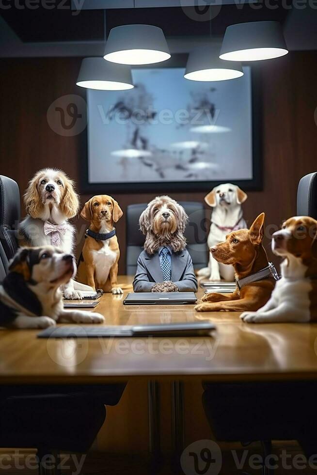 Canine Corporate Coup - Comedic Dogs Commanding a Business Meet AI Generative photo