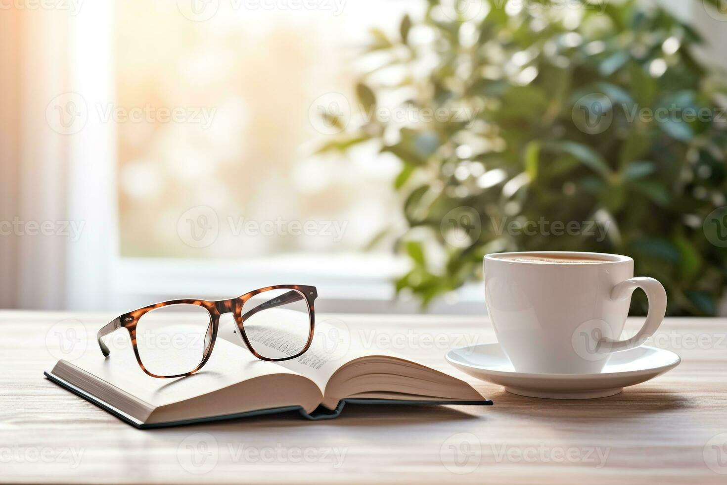 Cozy morning still life featuring a white coffee mug, glasses, and an open book on a rustic wooden table AI Generative photo