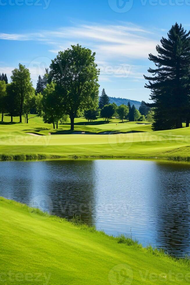 celebrar el radiante belleza de un bien conservado golf curso debajo un soñador cielo ai generativo foto