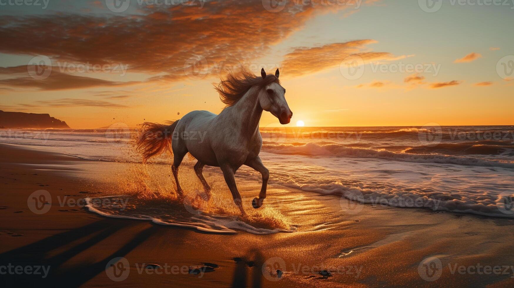 Dynamic image of a horse galloping across a sandy beach against a stunning sunset photo