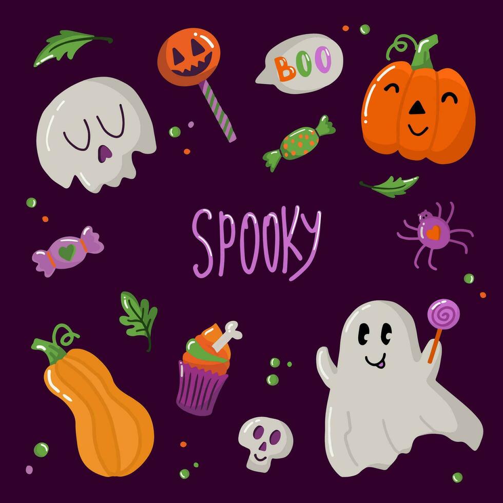 Halloween elements set. Spooky lettering. Hand drawn vector isolated cute stickers. Ghost, skull, pumpkin, spider, lollipop, sweets. Good for cards, prints, posters