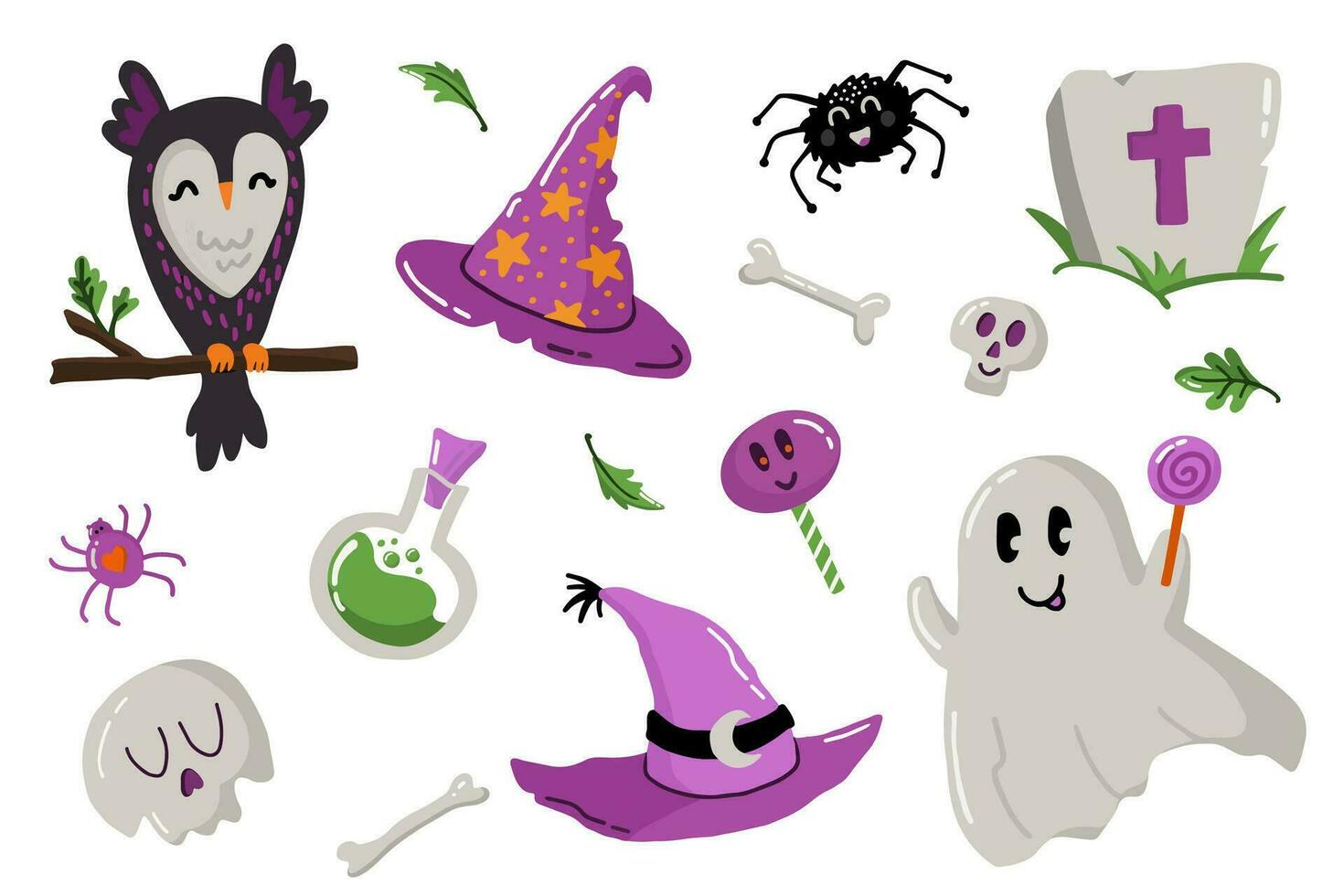 Halloween elements set. Hand drawn vector isolated cute stickers. Ghost, owl, witch hat, spider, bone, potion, tombstone. Good for cards, prints, posters