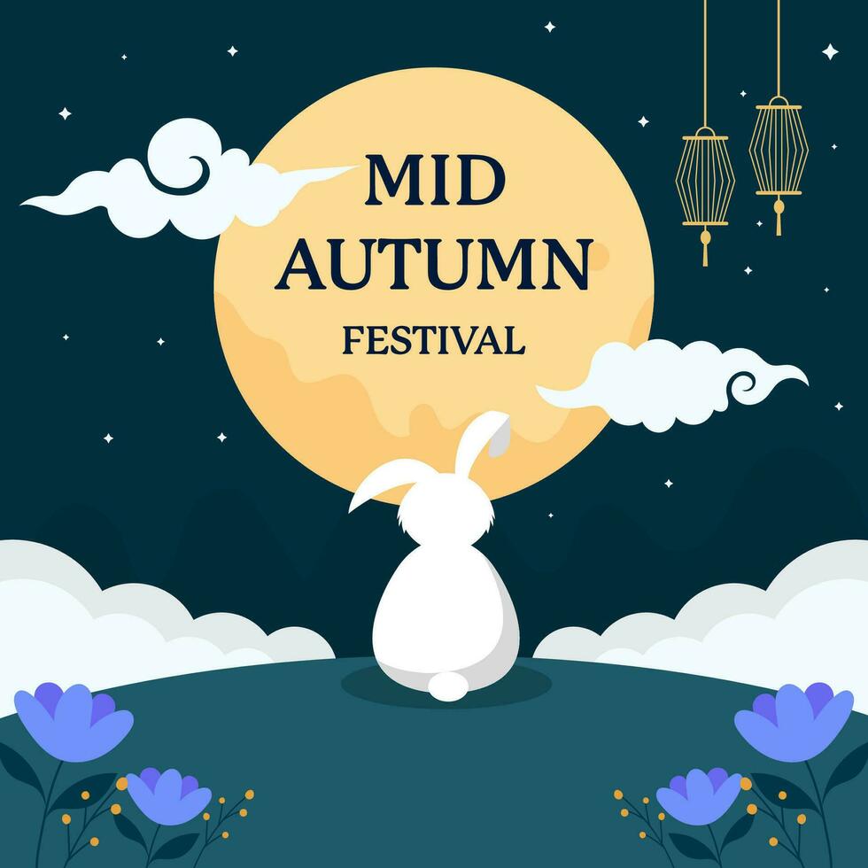 mid autumn festival illustration with rabbit looking to moon vector