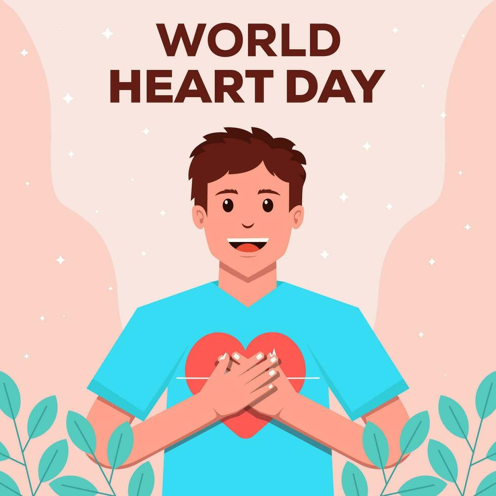 flat World Heart Day illustration with a man holding a heart vector