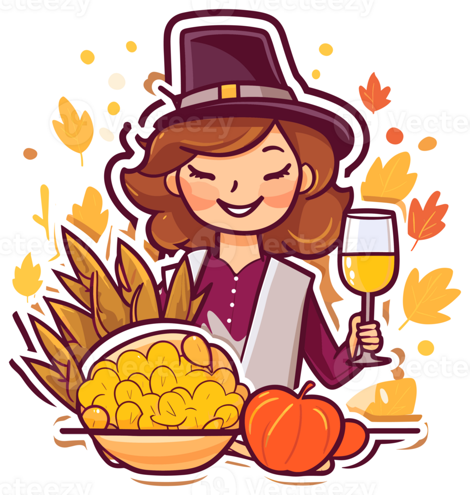 Thanksgiving Sticker with Cute cartoon Illustration, Created With Generative AI Technology png