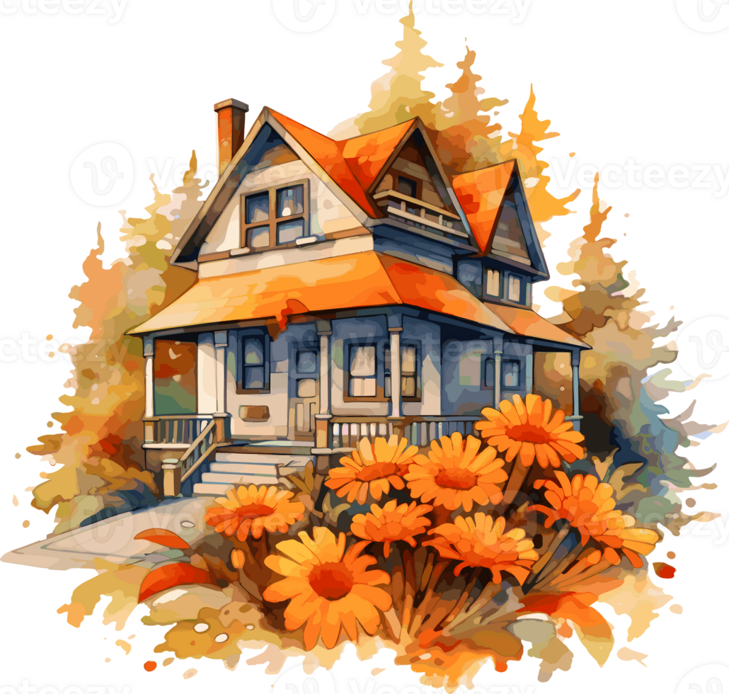 Watercolor House, Fall Autumn Clipart Illustration, Created With Generative AI Technology png