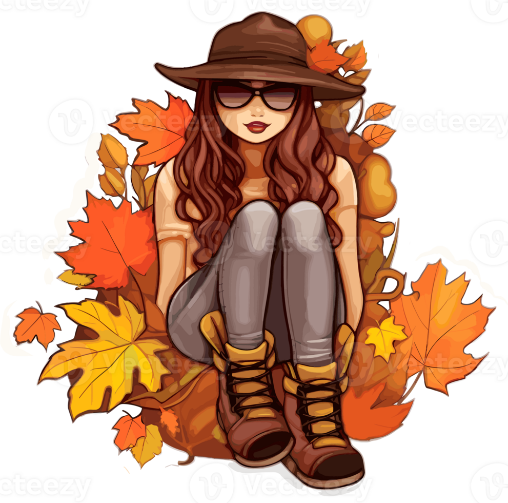 Fall Autumn Sticker with Cute Girl cartoon Illustration, Created With Generative AI Technology png