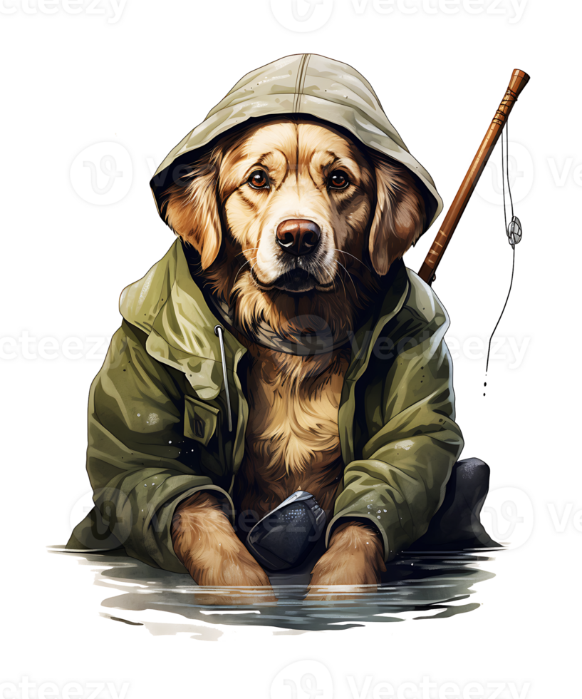 Fishing Dog Png File White Background. Use for T-shirts, mugs, stickers, Cards, etc.