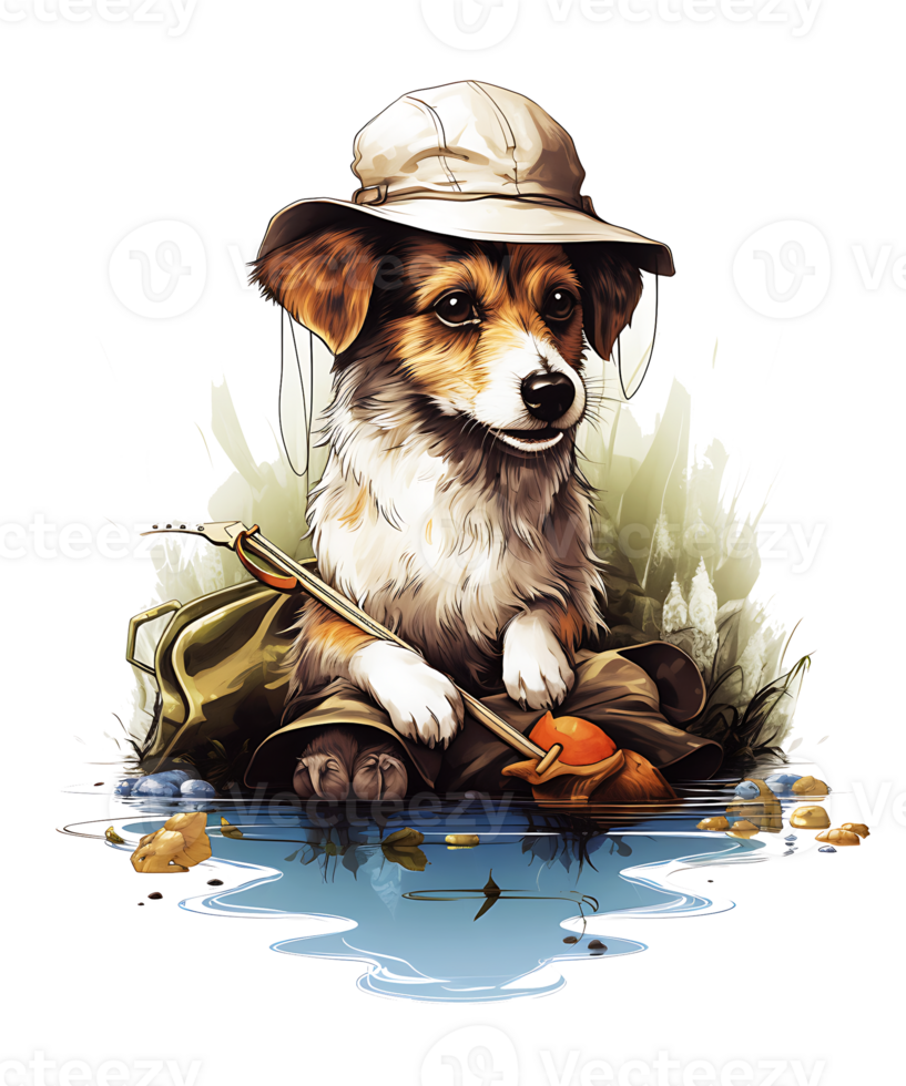Fishing Dog Png File White Background. Use for T-shirts, mugs, stickers, Cards, etc.