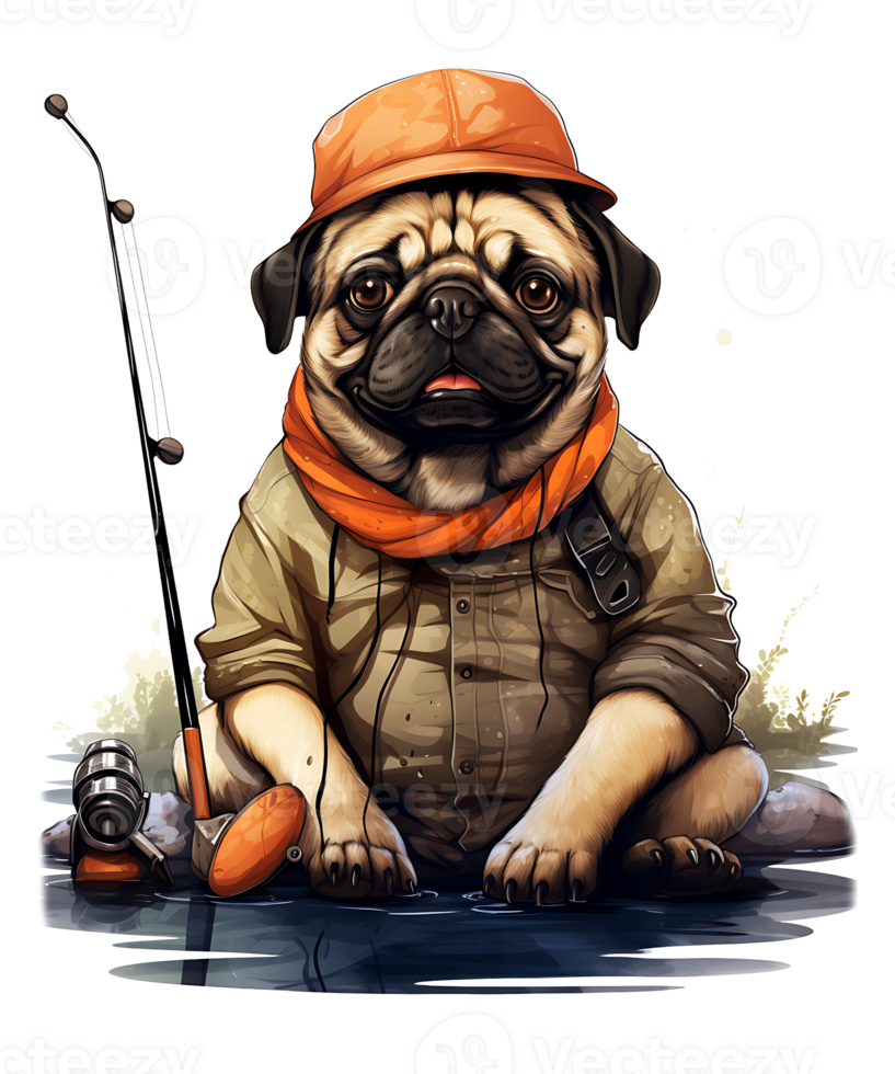 Fishing Dog Png File White Background. Use for T-shirts, mugs, stickers, Cards, etc.