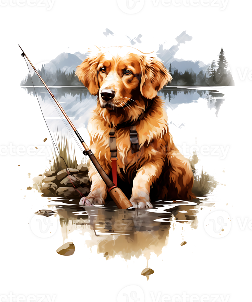 Fishing Dog Png File White Background. Use for T-shirts, mugs, stickers, Cards, etc.