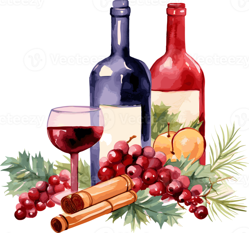 Watercolor Wine Set, Merry Christmas Clipart Illustration, Created With Generative AI Technology png