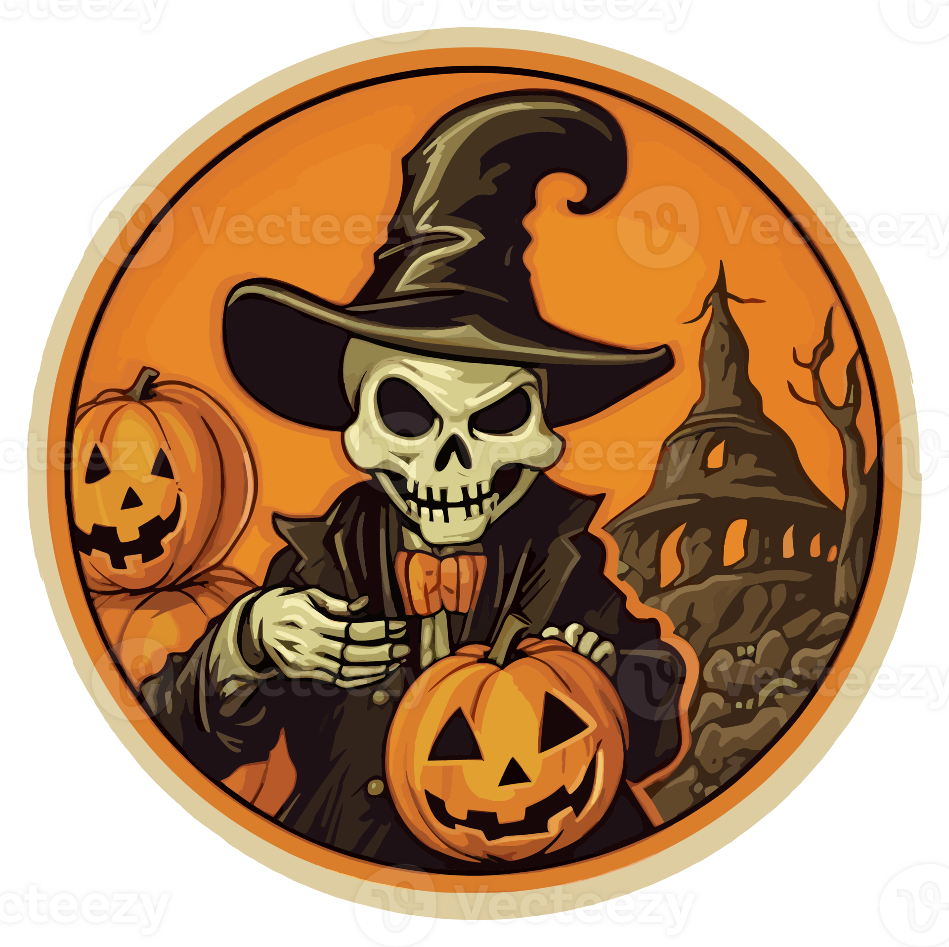 Retro Halloween Sticker, Round Horror Illustration for Halloween