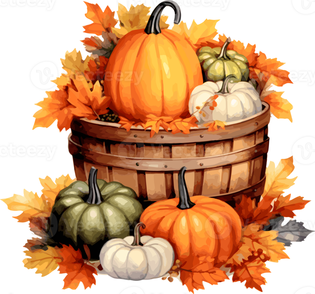 Watercolor Autumn in Basket, Fall Autumn Clipart Illustration, Created With Generative AI Technology png