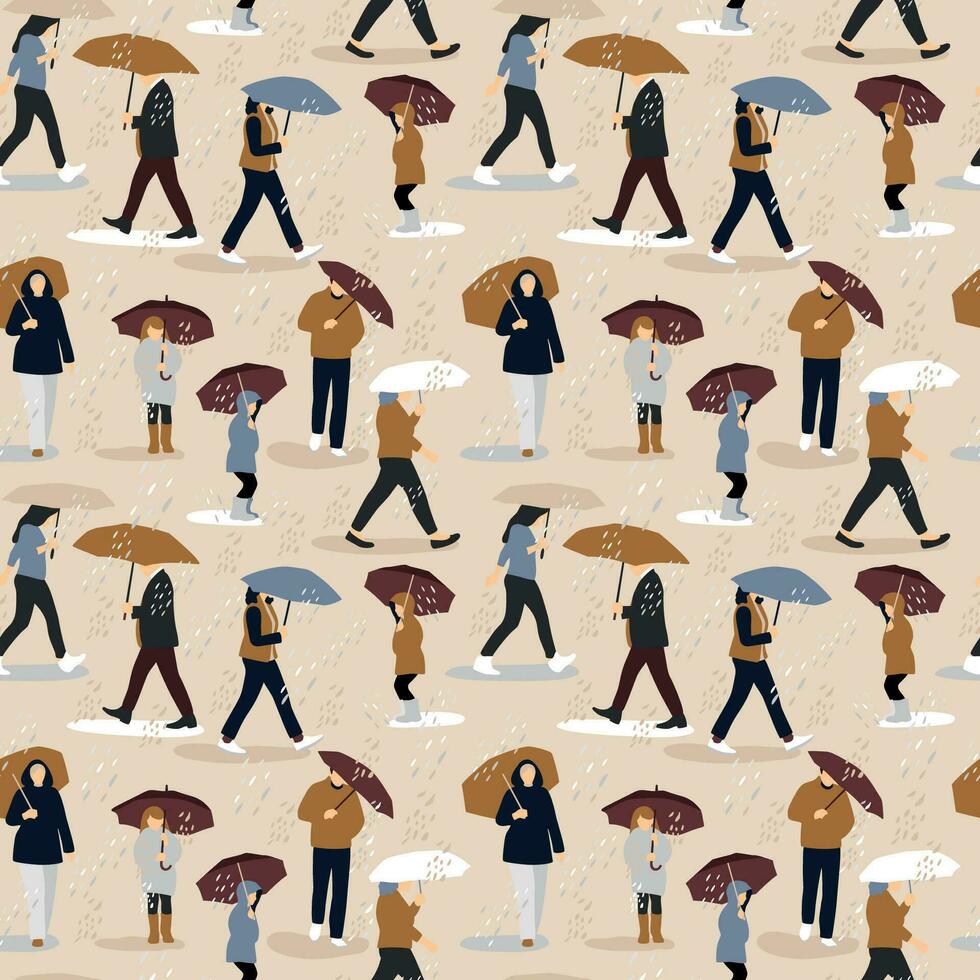 Vector illustration of people in the rain. Autumn mood. Trendy retro style on beige. Seamless fall pattern.